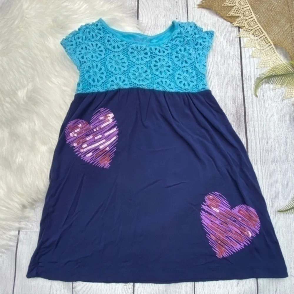 Design 365 Girls Dress Size 5 Crochet Lace Overlay Sequin Heart Details Dress